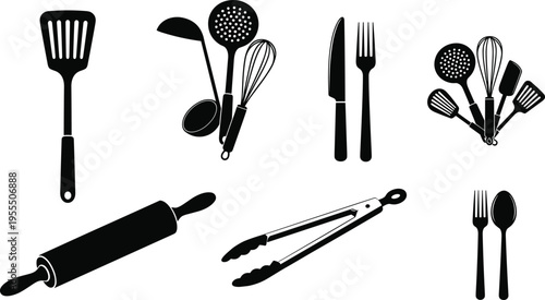 Kitchen utensil silhouettes collection featuring spatula, whisk, ladle, knife, fork, tongs and rolling pin isolated on white background cooking tools vector