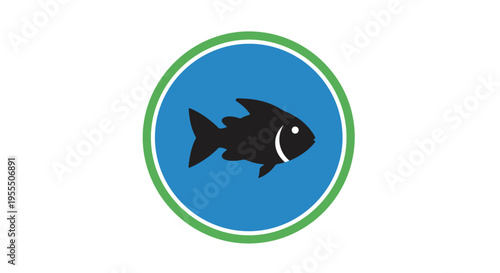 A simple illustration of a black fish inside a blue circle with a green outline on a white background.