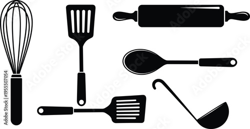 Kitchen utensil silhouettes collection including whisk, spatula, rolling pin, spoon and ladle isolated on white background cooking tools vector icon set
