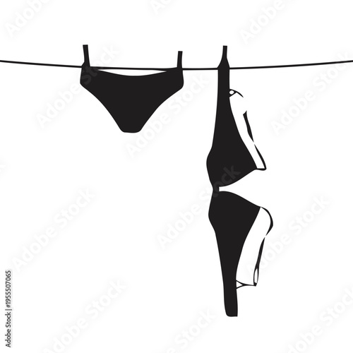Black silhouette illustration of a pair of panties and a bra hanging on a clothesline outdoors isolated on white background, Vector, illustration