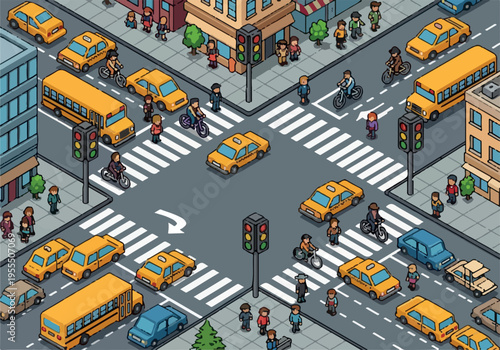Isometric view of a busy city intersection with traffic, pedestrians, and buildings in a pixelated, retro style