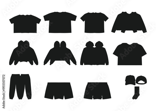 Set of black apparel flat sketches including t-shirts hoodies jackets shorts pants and accessories isolated on white background, Vector, illustration