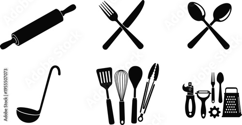 Kitchen utensil silhouettes collection including rolling pin, fork, knife, spoon, ladle, whisk and spatula isolated on white background cooking tools vector set