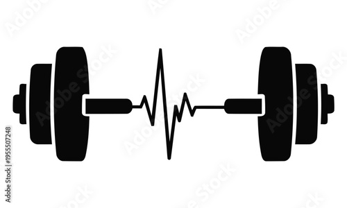 Black silhouette icon of a heavy metal dumbbell integrated with a heart rate pulse signal line isolated on white background, Vector, illustration