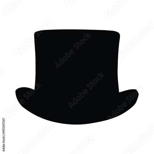 A classic black top hat silhouette featuring a tall cylindrical crown and a wide curved brim design isolated on white background, Vector, illustration