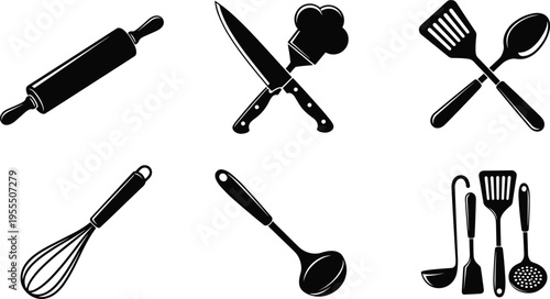 Kitchen utensil silhouettes set featuring rolling pin, chef knife, whisk, ladle, spatula and cooking tools isolated on white background vector icons