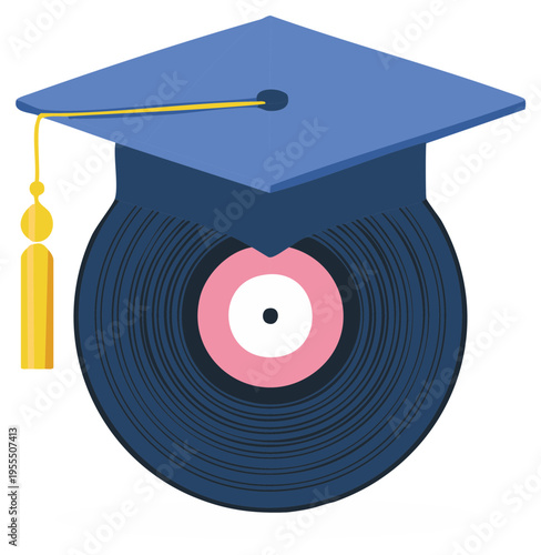 Graduation cap on a vinyl record symbolizing music education and achievement