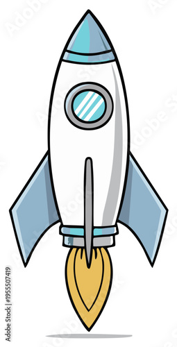 Illustrated cartoon rocket ship launching with flames for space travel