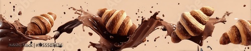 Chocolate Croissants with Liquid Chocolate Splash Panoramic Banner