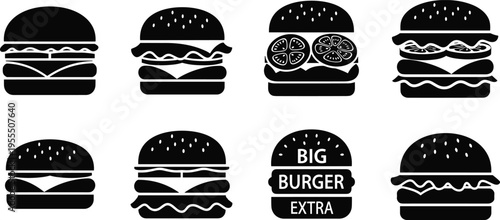 Minimal black burger icon set with different hamburger variations, sesame buns, cheese and tomato layers, fast food vector silhouettes isolated