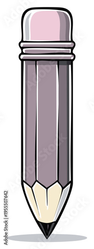 Illustration of a cartoon pencil with eraser, sharp point, and light shadow.