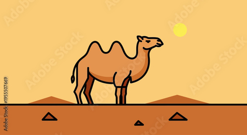 Minimalist Illustration of a Camel in a Desert Landscape with a Bright Sun