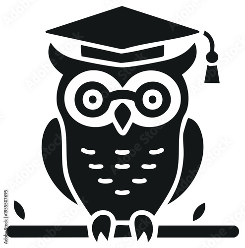 Owl Wearing Graduation Cap on Branch Icon Vector Illustration