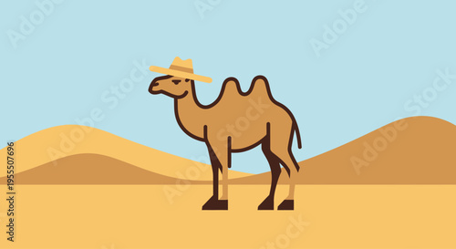 Minimalist Illustration of a Camel Wearing a Straw Hat in Desert Landscape