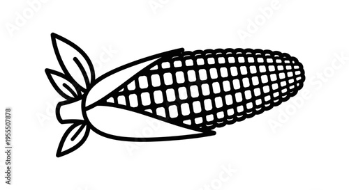 Minimalistic black and white illustration of a corn cob with leaves and detailed kernel pattern