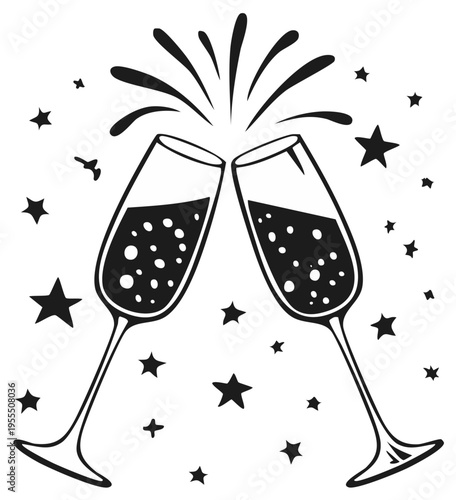 Cheers to New Beginnings Two Champagne Flutes Toasting with Sparkling Celebration Graphics and Festive Stars in Black and White