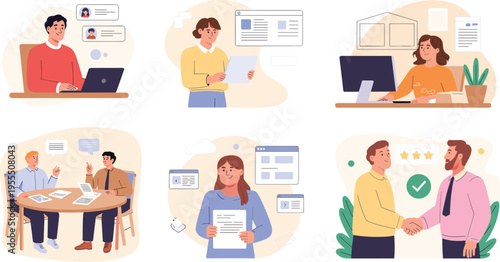 Business recruitment and hiring process vector illustration set, job interview teamwork online application resume review professional agreement