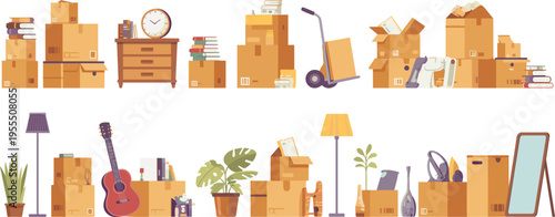House moving packing boxes household furniture vector illustration, relocation storage cardboard packages home belongings shipment preparation flat design set