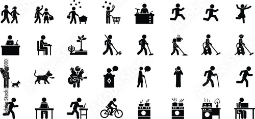 People activity icons set with daily life actions, working, shopping, cleaning, cooking, running, and lifestyle symbols isolated on white background