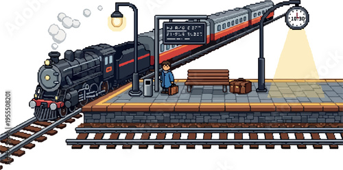 Vintage steam train arriving at a classic train station platform with a lone traveler waiting beside luggage