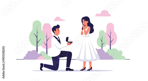 A man in a white shirt and black pants kneels to propose to a woman in a white dress with a ring box in a scenic outdoor setting with trees and pink clouds.