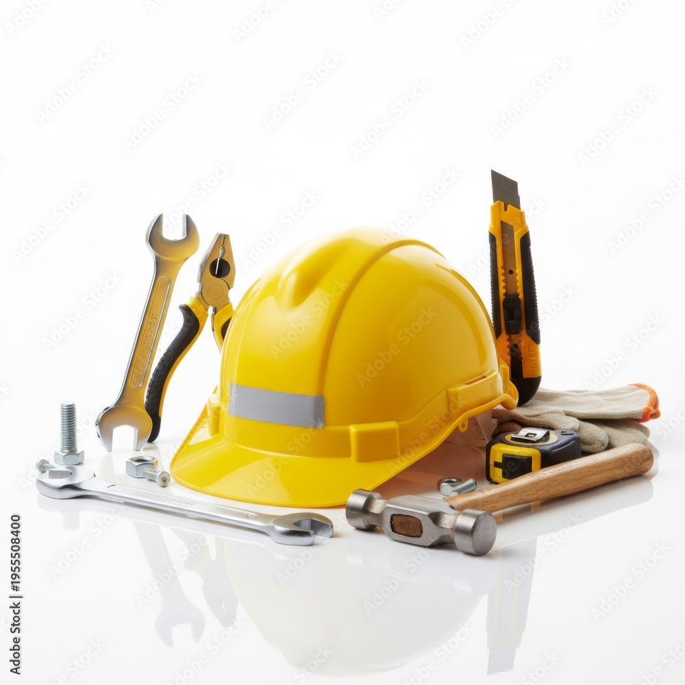 Fototapeta premium Construction Tools Arrangement on White Backdrop with Reflection