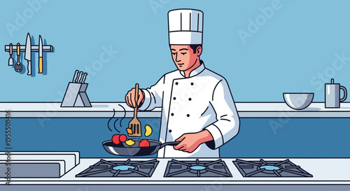 professional chef preparing and cooking ingredients in a modern kitchen with stovetop and utensils