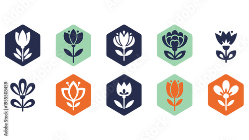 Set of 10 floral icons in hexagon shapes with various flower designs in navy blue, green, and