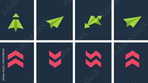Set of 8 minimalist paper airplane icons demonstrating different flight or movement styles