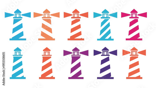 Set of colorful lighthouse icons in blue orange purple and pink displayed in a neat pattern