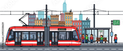 Public transportation urban cityscape with tram arriving at station and people waiting