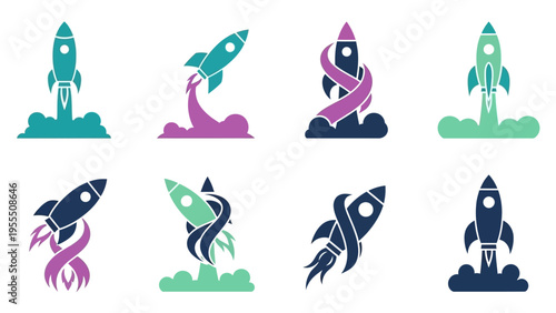 Set of colorful rocket illustrations in a flat design style for space exploration themes