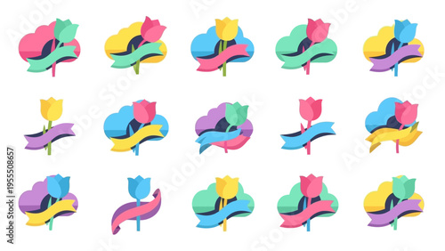 Set of colorful stylized flower icons with ribbons in a playful cartoon style for design projects