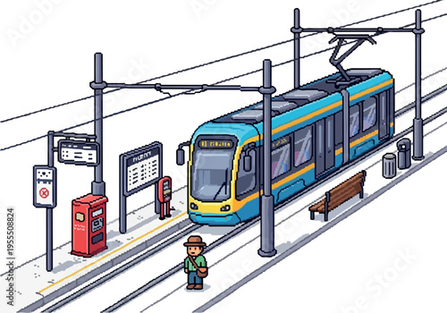Isometric cartoon illustration of a modern tram at a station platform with a passenger waiting