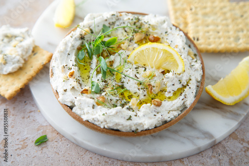 Schilderij op canvas Cottage cheese dip with walnut