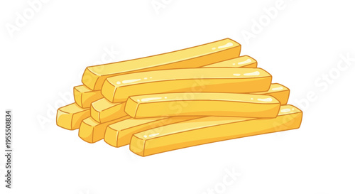 A pile of golden french fries on a white background, with a simple and appetizing composition.