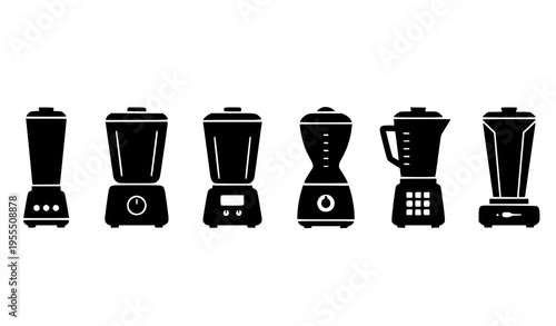 Black silhouette kitchen blender set in different modern appliance styles isolated on white background vector collection