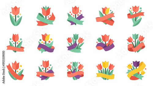 Set of vibrant, stylized tulip flower illustrations with colorful ribbons and decorative elements