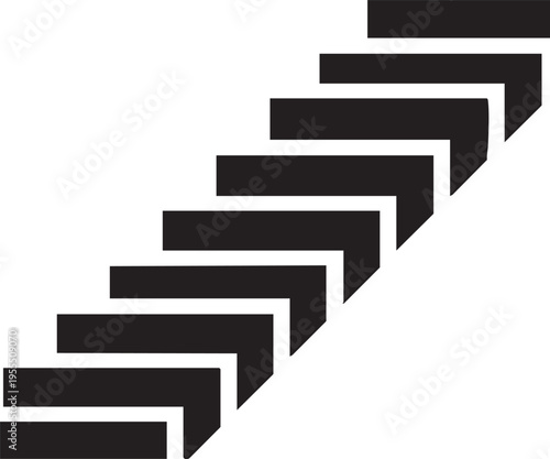 A sleek black staircase ascends diagonally upwards in a minimalist interior