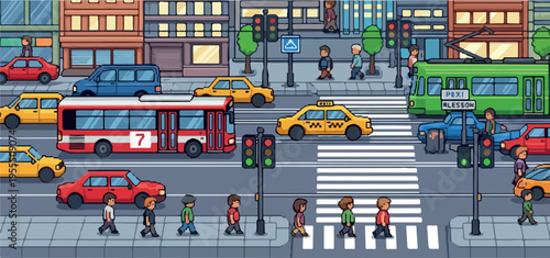 Urban street scene with a busy intersection, pedestrian crossing, and diverse traffic including cars, buses, and trams