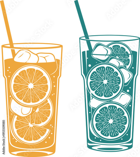 Two refreshing glasses of citrus lemonade with ice and straws isolated on a transparent background illustration