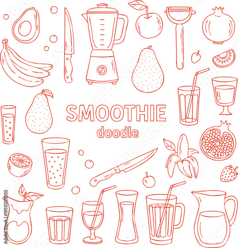 Smoothie doodle vector set with fruits blender and kitchen tools hand drawn linear icons on transparent background design