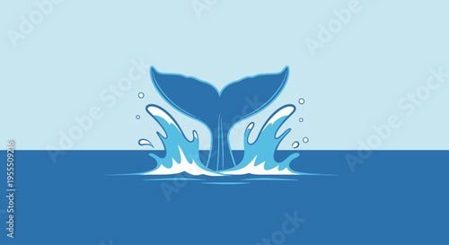 Stylized whale tail breaching water with splash animation in minimalistic blue design
