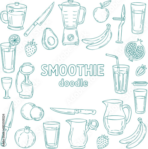 Smoothie ingredients and equipment doodle illustration on transparent background perfect for healthy lifestyle and culinary designs