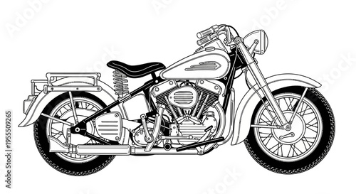 Vintage Classic Motorcycle Line Drawing with Detailed Components and Retro Style