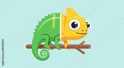 Whimsical Cartoon Chameleon with a Cute Dinosaur Head Sitting on a Branch