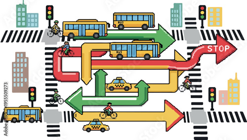 Conceptual illustration of urban traffic flow with cars, buses, and cyclists navigating intersections and directional arrows