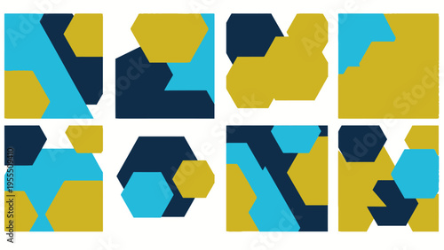 Abstract geometric pattern composed of hexagons and polygons in blue black and gold colors