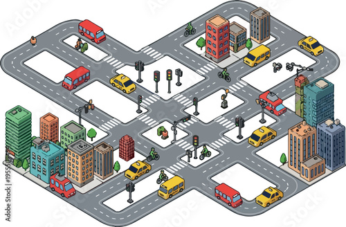 Isometric city street scene with buildings, cars, buses, and traffic lights illustrating urban transportation and infrastructure