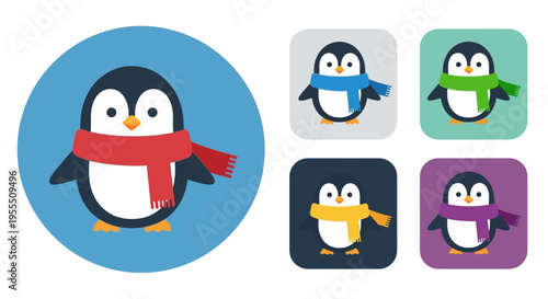 Adorable cartoon penguin wearing colorful scarves in various poses and backgrounds for winter or